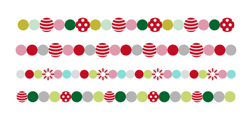 Set of pattern borders for Christmas concept in winter season December. Colorful ball-shaped design with dot and stripe patterns.