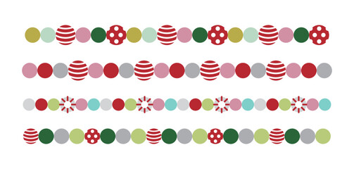 Set of pattern borders for Christmas concept in winter season December. Colorful ball-shaped design with dot and stripe patterns.