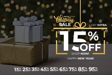 New year sale. Christmas sale label with sale precentage set. Horizontal posters, greeting cards, header, website. White gift and goldgift. Card or Christmas themed invitations.
