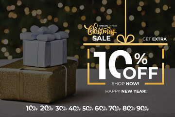 New year sale. Christmas sale label with sale precentage set. Horizontal posters, greeting cards, header, website. White gift and goldgift. Card or Christmas themed invitations.