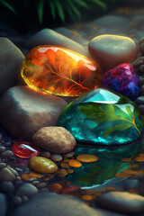 Beautiful transparent stone in a mountain stream, colorful color, closeup, wallpaper, background