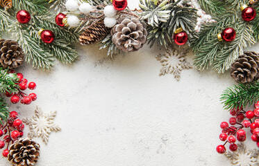 Fototapeta na wymiar Christmas Decoration. Holiday Decorations on White Wooden Background.