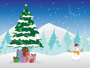 Vector cartoon illustration of a cute snowman and a Christmas tree with gifts on a snowy background