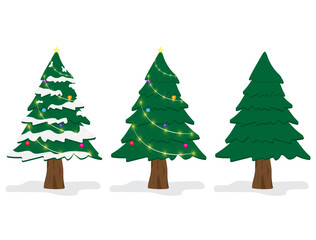 Christmas tree with Xmas star, balls and lights. Green fir or pine, decorated with  glowing garland  New Year holidays vector design