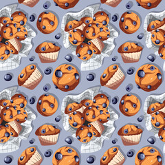 Seamless pattern. Vector illustration of many blueberry muffins isolated on blue. Pastry, bakery, confectionery, cafe concept.