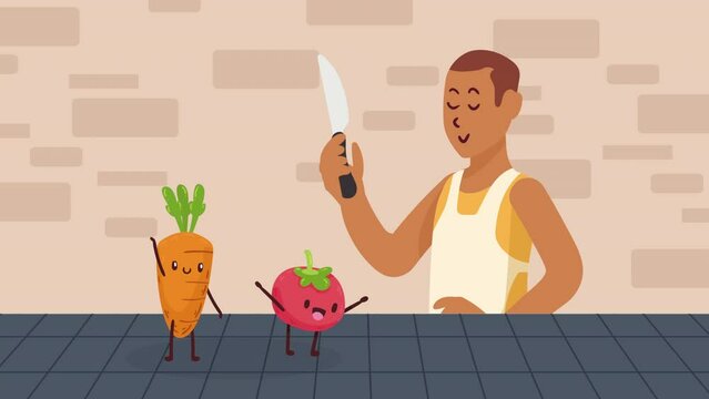 man cooking with knife character animation