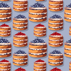 Seamless pattern. Vector illustration of many cakes with berries and custard cream isolated on blue. Pastry, bakery, cafe, menu, print concept.