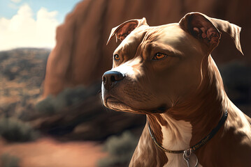Brown pit bull terrier in canyon scenery, taken with selective focus Generative AI