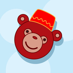 Cute simple animal portrait. Monkey in red cap for kids and children. Hand drawn vector illustration on blue background. Circus collection. Design element. Template for design, books, stickers, cards.