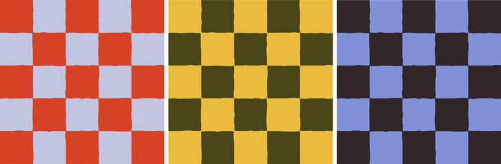 Checkered Colorful Retro Pattern. Retro Inspired Colorful Pattern Design. Checkered Design with Purple, Yellow, Red Squares.