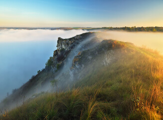 fog in the canyon. Autumn morning in the Dnister river valley. Nature of Ukraine