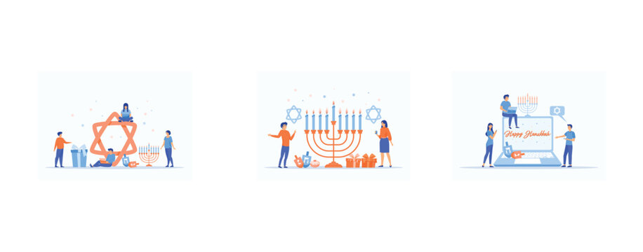Happy Hanukkah. Traditional jewish holiday with tiny people and symbols - menorah candles, dreidels spinning top, star David. Modern flat cartoon style, set flat vector modern illustration