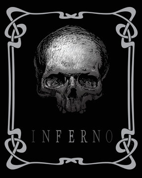 vector image of a skull peeping out of the dark with the inscription inferno