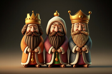 The three wise men from the birth of christ tradition in a line as figurines on a plain background. Generative AI art