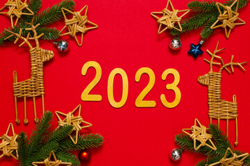 christmas background with branches and vine decorations. New Year's handmade interior toys