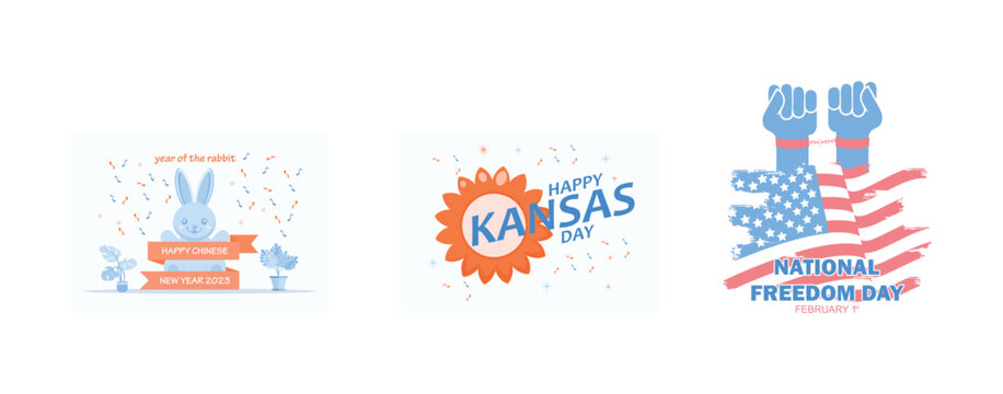 Chinese New Year 2023, Kansas Day, National freedom day, set flat vector modern illustration