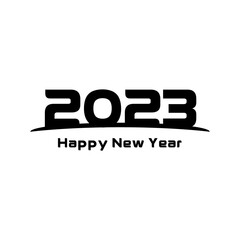 2023 Happy New Year logo text design. Vector illustration with black labels isolated on white background.