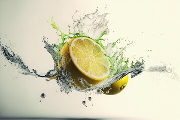 lemons splash deep into liquid water royalty-free fictitious generative AI artwork that doesn't exist in real life.
