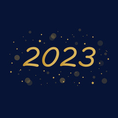 Happy new year 2023 card with bokeh and light effect, Elegant gold text.