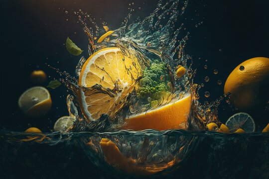lemons splash deep into liquid water royalty-free fictitious generative AI artwork that doesn't exist in real life.
