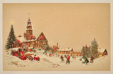 Vintage Merry Christmas postcard with a winter landscape, snowy background, people enjoying, celebrating holiday. christmas tree, toys and decorations. Ilusstration for advertising.