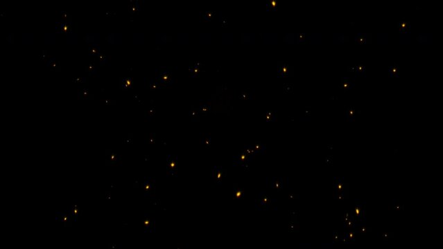 Abstract loop flickering glow orange dust particles floating on black background for project screen overy. 4K 3D seamless loop orange bokeh particles dust fly in the air. 