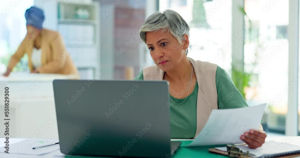 Poster laptop, documents and report with a business woman at work in her office for design or creative thin