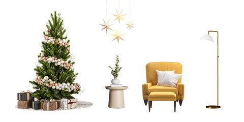 Christmas tree decoration and yellow chair in interior	
