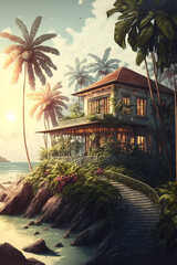 Fototapeta premium Illustration of summer houses at the ocean or sea with dramatic sky at sunset.Ai generated content
