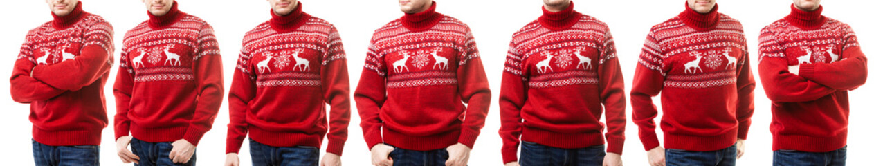 Red knitted Ugly Sweater on young man on white