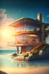 Illustration of summer houses at the ocean or sea with dramatic sky at sunset.Ai generated content