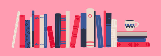 Book spines. large bookshelf with various books. Vector isolated illustration in pink blue colors. Web banner.