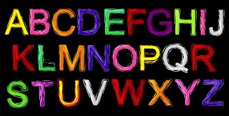 abstract artistic RGB color vector alphabet letters. Flat alphabet style brush. black background