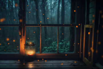 Generative AI : fireflies seen outside a large picture window of a log cabin in the woods	
