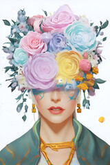 Generative AI ritratto donna messicana con fiori in testa generative ai