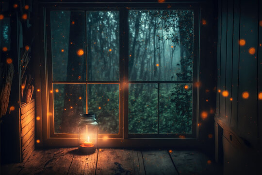Generative AI : fireflies seen outside a large picture window of a log cabin in the woods	
