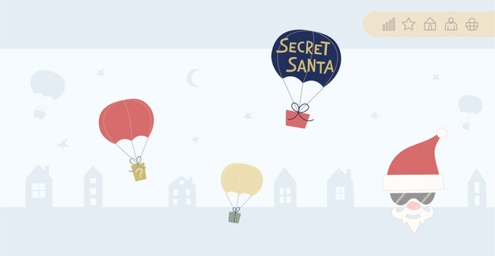 Wen Banner Template, page with vector illustration about Secret Santa event. Gift delivering, text