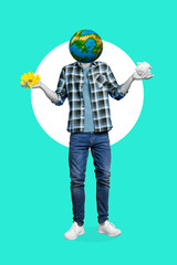 Fototapeta premium Creative photo 3d collage artwork poster brochure of responsible person choose save planet throw waste can isolated on painting background
