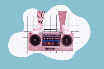 Collage photo of legs painted sock stay vintage boombox listen loud music cassette recorder invite...