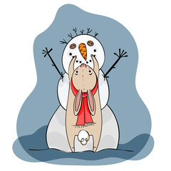 bunny makes a carrot nose for a snowman