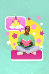 Vertical collage picture of minded creative girl hold book think imagine fairytale castle isolated on drawing background