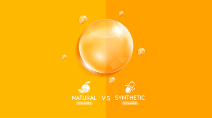 Synthetic and Natural vitamins droplet. Banner design for ad dietary supplement, pharmacy or clinic. Minerals complex water. With copy space for text. Medical concepts. Realistic 3D Vector.
