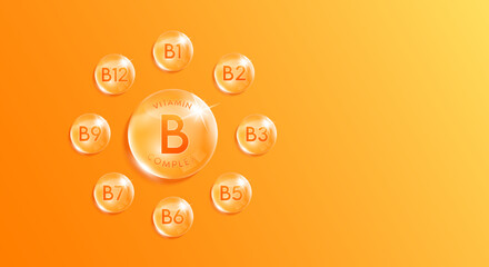 Fototapeta Vitamin B complex droplet, chemical formula from nature. Minerals water orange. Beauty treatment nutrition skincare design. With copy space for text. Medical scientific concepts. Realistic 3D Vector. obraz