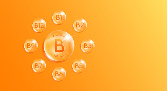 Vitamin B complex droplet, chemical formula from nature. Minerals water orange. Beauty treatment nutrition skincare design. With copy space for text. Medical scientific concepts. Realistic 3D Vector.