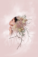 Pop modern art collage of elegant lady profile side dryad nymph have flowers hair on pastel color background