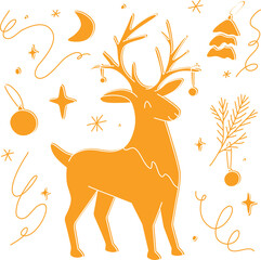 Magic linocut Christmas and New Year deer clipart set. Cute and folk festive elk. Winter floral elements. Wild nature vector illustration.