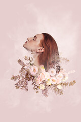 Modern poster collage of elegant lady profile side view in nature garden flowers on pink pastel background