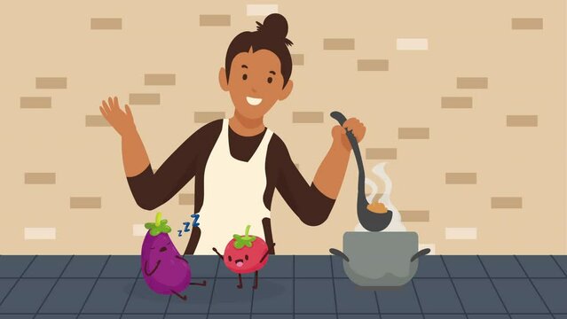 woman cooking soup character animation