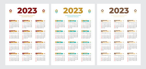 2023 Wall calendar design template. Editable page template with A4 size and 3 color variations. 12 months in one page calendar