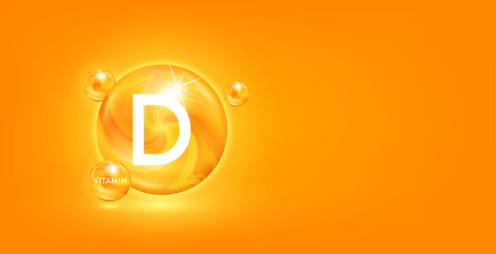 Vitamin D capsule orange golden. Vitamins complex isolated on orange background. Beauty nutrition skincare. For product banner design with copy space for text. Medical concepts. Icon 3D Vector EPS10.